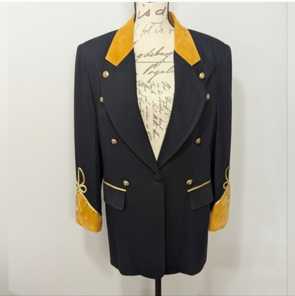 HOLIDAY! Women's Vintage Military Blazer Size 10 Black Gold Wool Rayon Soldier